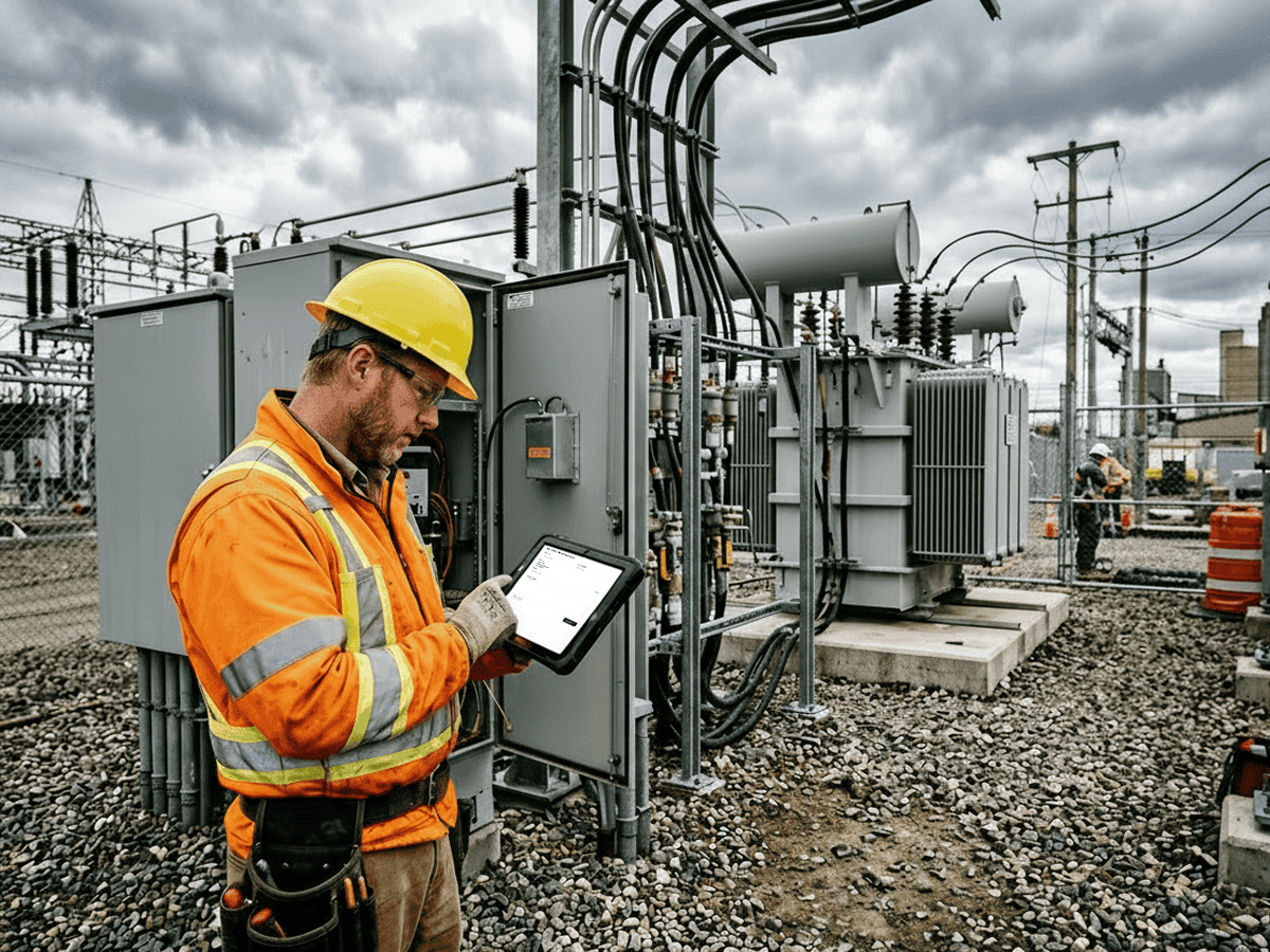Utility engineer inspecting distributed infrastructure