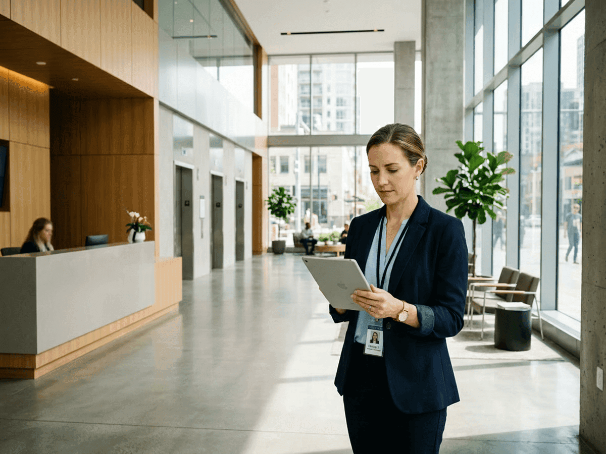 Property manager reviewing maintenance work on a tablet